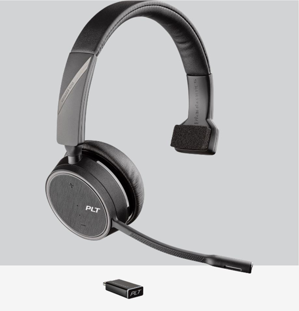 A Voyager 4200 UC mono headset is on display with a USB adatper next to it.